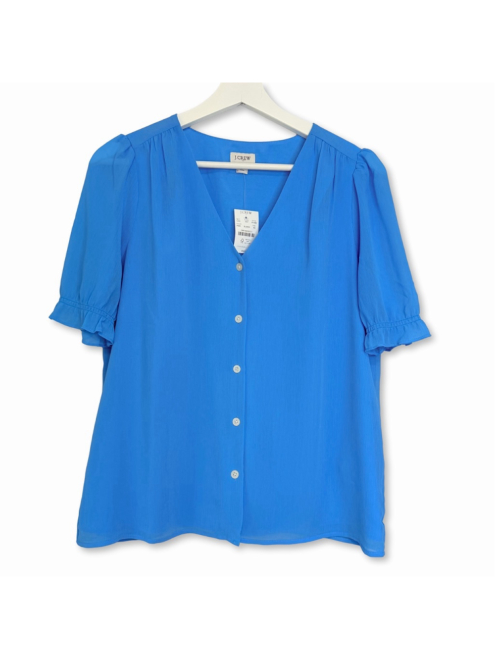 J.CREW New Blue Puff Sleeve V-Neck Button Front Blouse Women's Size XS